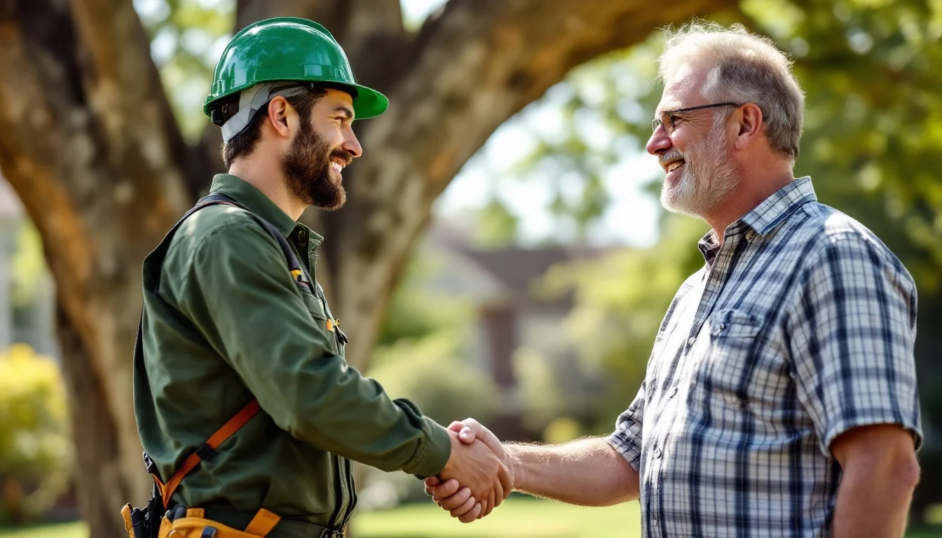 ISA-certified arborist with Lancaster PA homeowner standing beside large tree