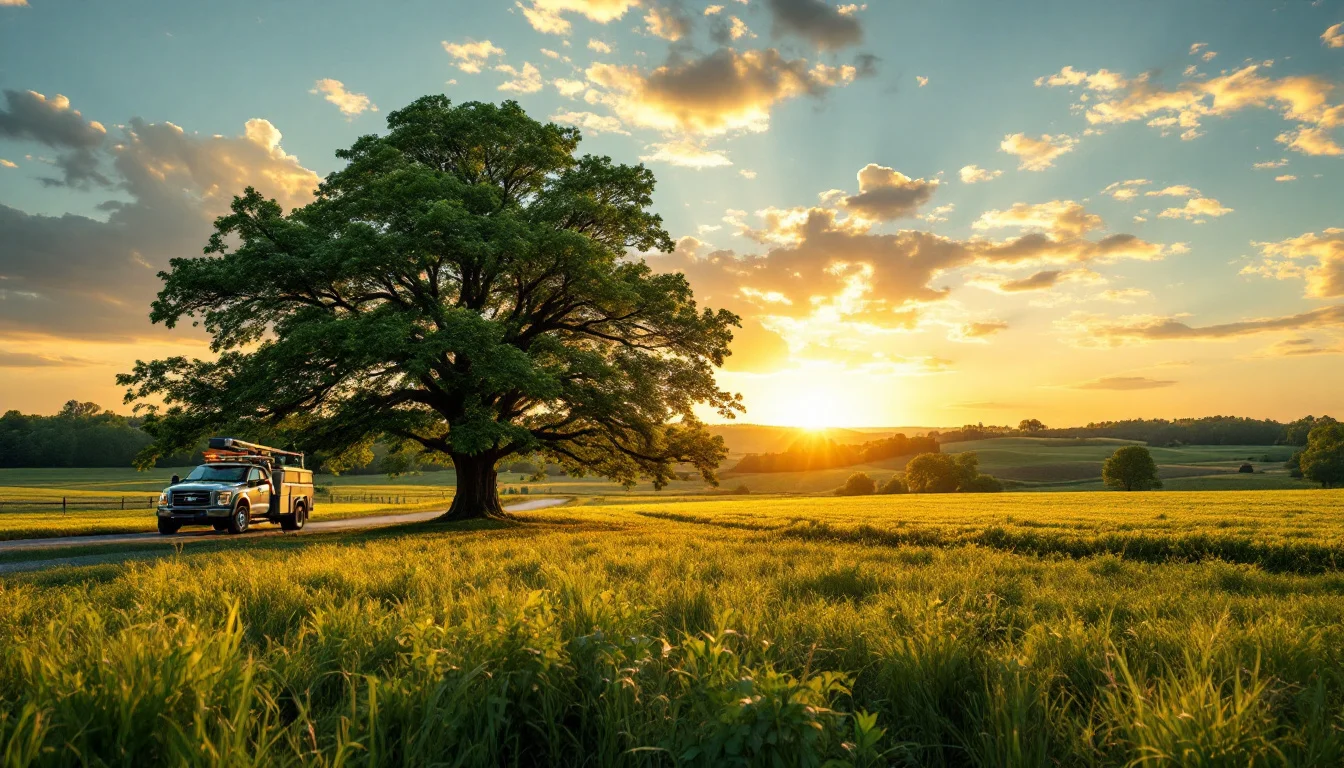 Scenic Lancaster County pastoral landscape at golden hour with professional tree service truck